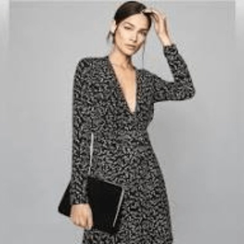 Reiss Black Tan Abstract Lightning Bolt Print V-Neck Long Sleeve Mini Dress 10